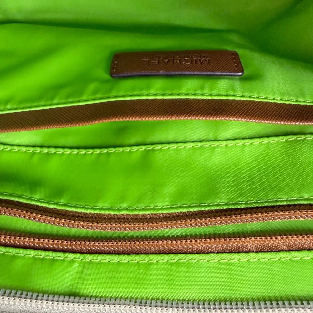 Michael Kors Dusk Kempton Medium Tote Bag‎ Khaki Nylon Leather Trim Gold Logo